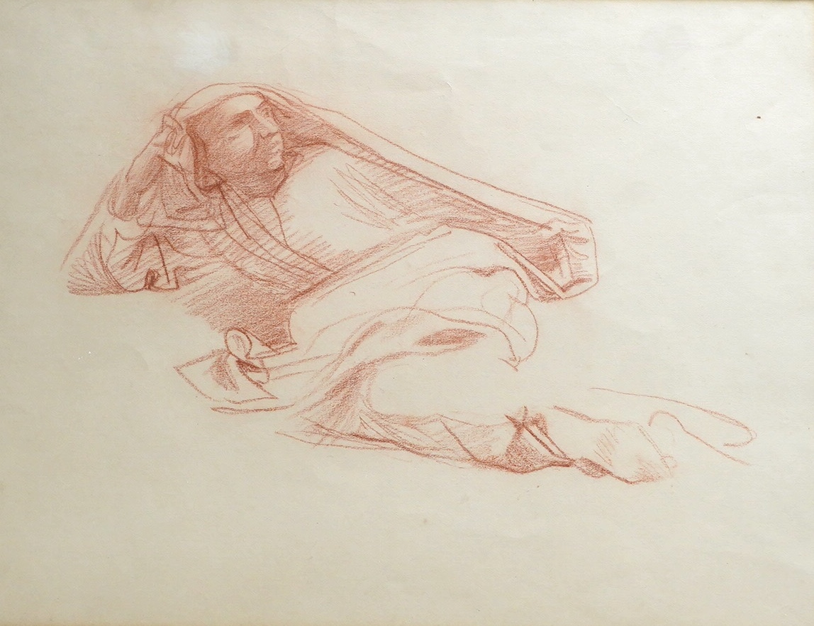 Alfred George Stevens (1817-1875), sanguine chalk, Study of a reclining male, unsigned, 23 x 29.5cm. Condition - fair